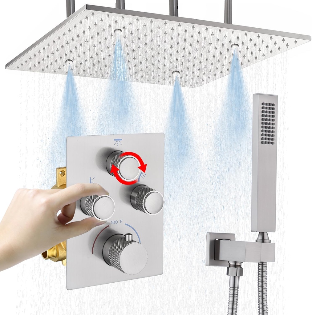 Shower Faucet Set Brushed Nickel Shower System 16 Inch Rain Fog Overhead Shower Head Push Button Thermostatic Shower Diverter Valve and Handheld Spray Rough-in Valve Body and Trim Included