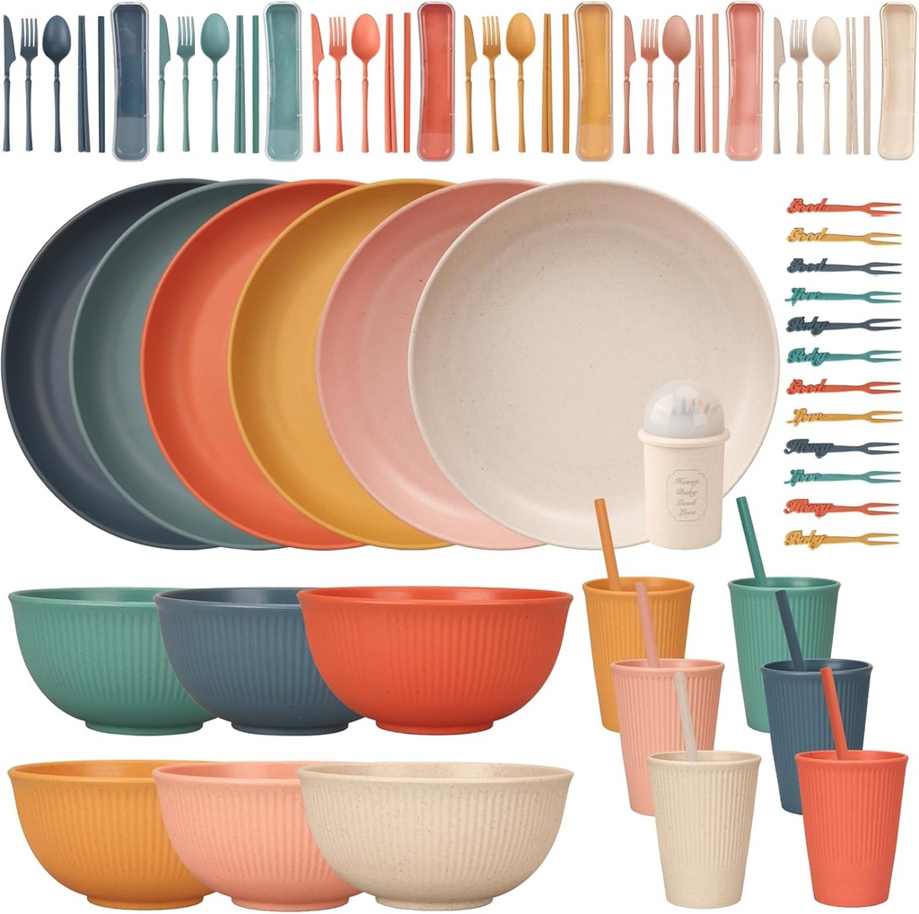 66 Pcs Dinnerware Sets, Unbreakable Plates and Bowls Sets, Reusable Dinnerware Sets for 6 People, Travel Camping Picnic Home Party Cutlery Set, Dishwasher Microwave Safe Dishes