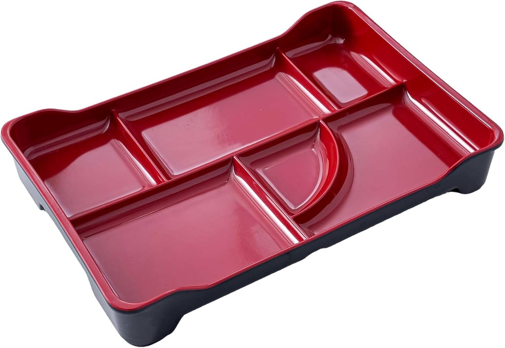 Melamine Bento Box, 13 1/2 inch, 6 Compartments, Red and Black, Set of 18, Red/black