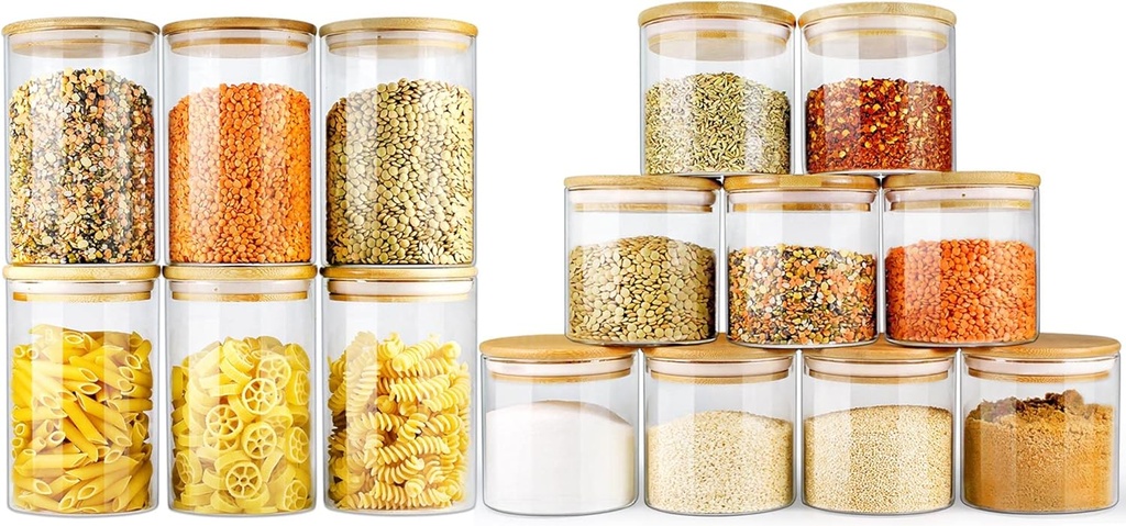 Glass Food Storage Containers Value Bundle of 15 pcs. Glass Jars with Bamboo Lids EcoEvo, Glass Food Jars and Canisters Sets, 9 Pack of 16oz & 6 Pack 26oz