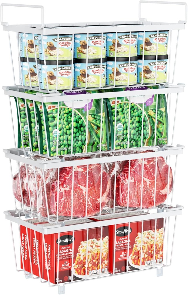 iSPECLE Deep Freezer Organizer Bins - 4 Pack Stackable Small Freezer Organizer Bins for 5 to 7 Cu.FT Small Chest Freezer Sort Frozen Food Easy to Get Food from Bottom without Digging in Freezer, White