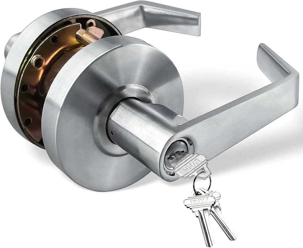 Commercial Door Lever Locks Heavy-Duty Lever Cylindrical Lock Grade 2 Locking Door Handle UL 3 Hour Fire Rated Lever Satin Chrome Lever for School, Off-Limits Area,Warehouse,Shopping Mall (Entry)