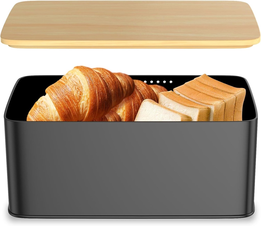 Bread Box with Bamboo Lid Usable as Cutting Board Metal Bread Bin Rectangular Bread Holder Large Bread Storage Container 13x7.28x5.4inch Bread Storage Holder to Extend Freshness for Kitchen Countertop