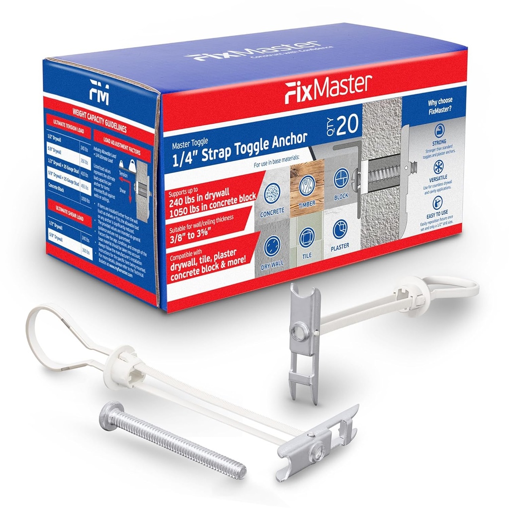 1/4" Heavy Duty Master Toggle-Bolt Strap Anchors (20 Pack) w/ 20 Steel Threaded Studs, 3/8" to 3-5/8" Grip Range, for 1/4"-20 UNC Fastener Size - 240lb in 3/8-1/2" & 300 lb in 5/8" Holding Strength