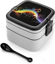 Rainbow Musical Note Melody Bento Box for Adults Double Layer Lunch Box with Spoon And Invisible Handle Microwave Dishwasher Safe Leak Proof Meal Prep Lunch Containers for Office Picnic