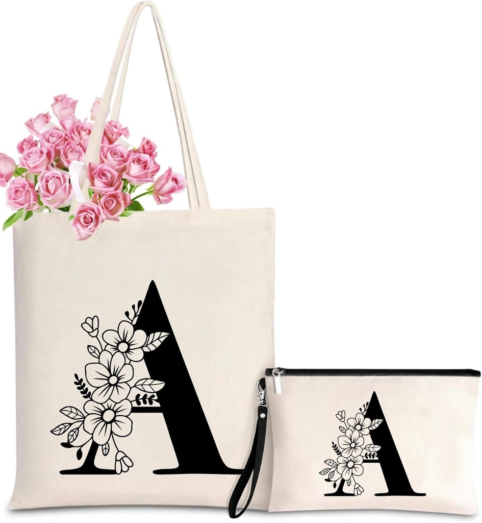 Personalized Initial Tote Bag for Women - Monogrammed Bags with Makeup Gift Bag for Wedding, Birthday, Teacher, Mother's Day
