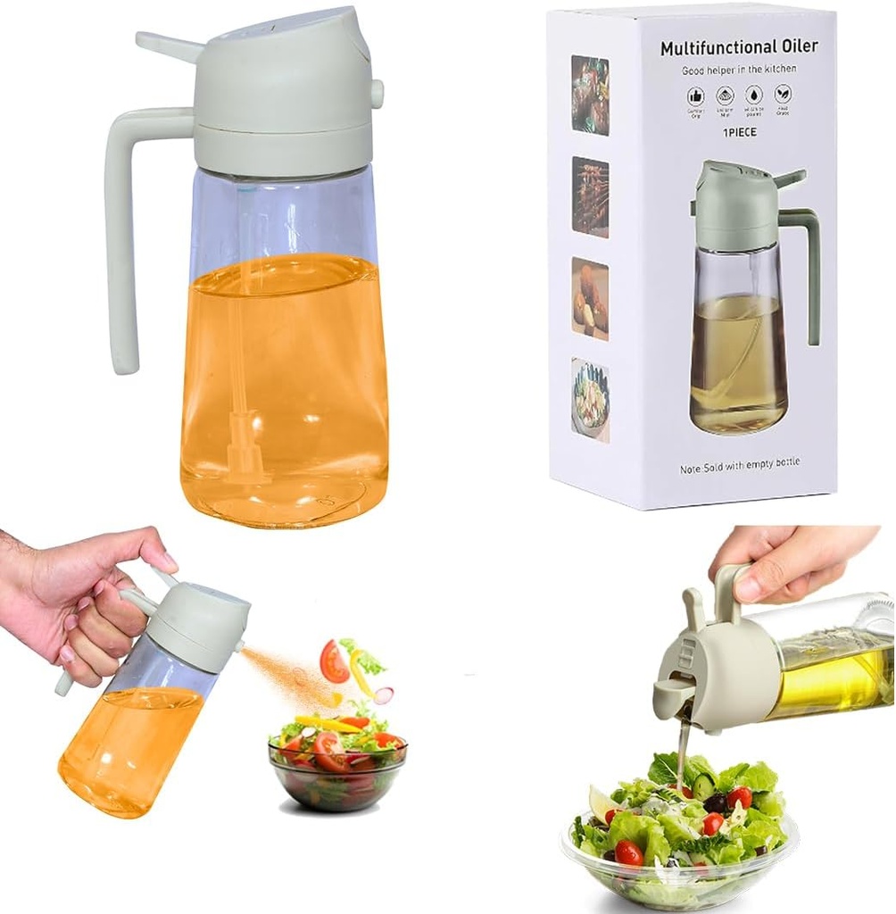 2 in 1 Olive Oil Sprayer & Dispenser - Easy Clean Premium 16oz/470ml Glass Oil Bottle, Food-Grade Oil Sprayer for Cooking, Air Fryer, BBQ, Salad, Baking, and More Kitchen Uses (White)