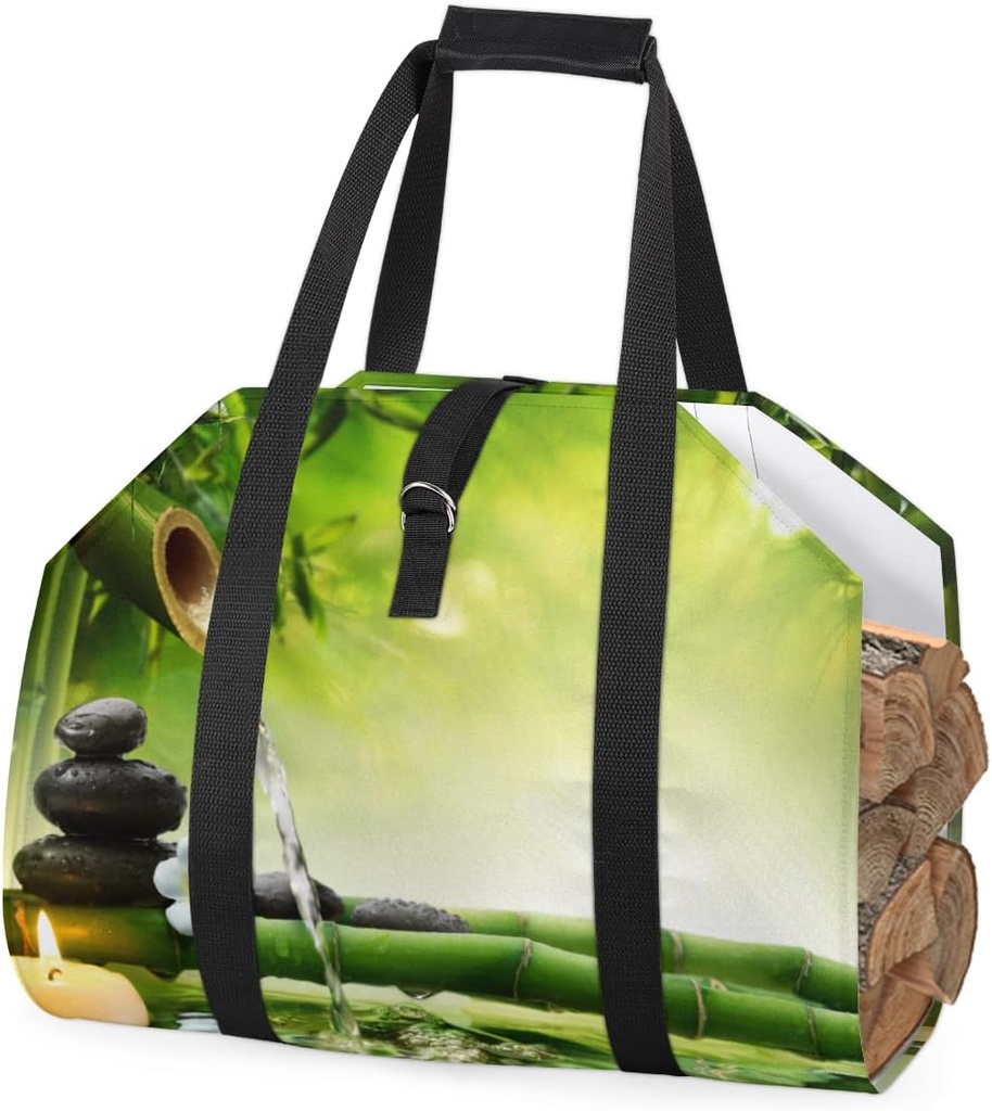 GUYOS Bamboo Falling Water Pattern - Waxed Canvas Firewood Carrier Log, Waterproof Large Capacity Canvas Wood Carrying Bag with Top Handle, Fireplace Wood Stove Accessories