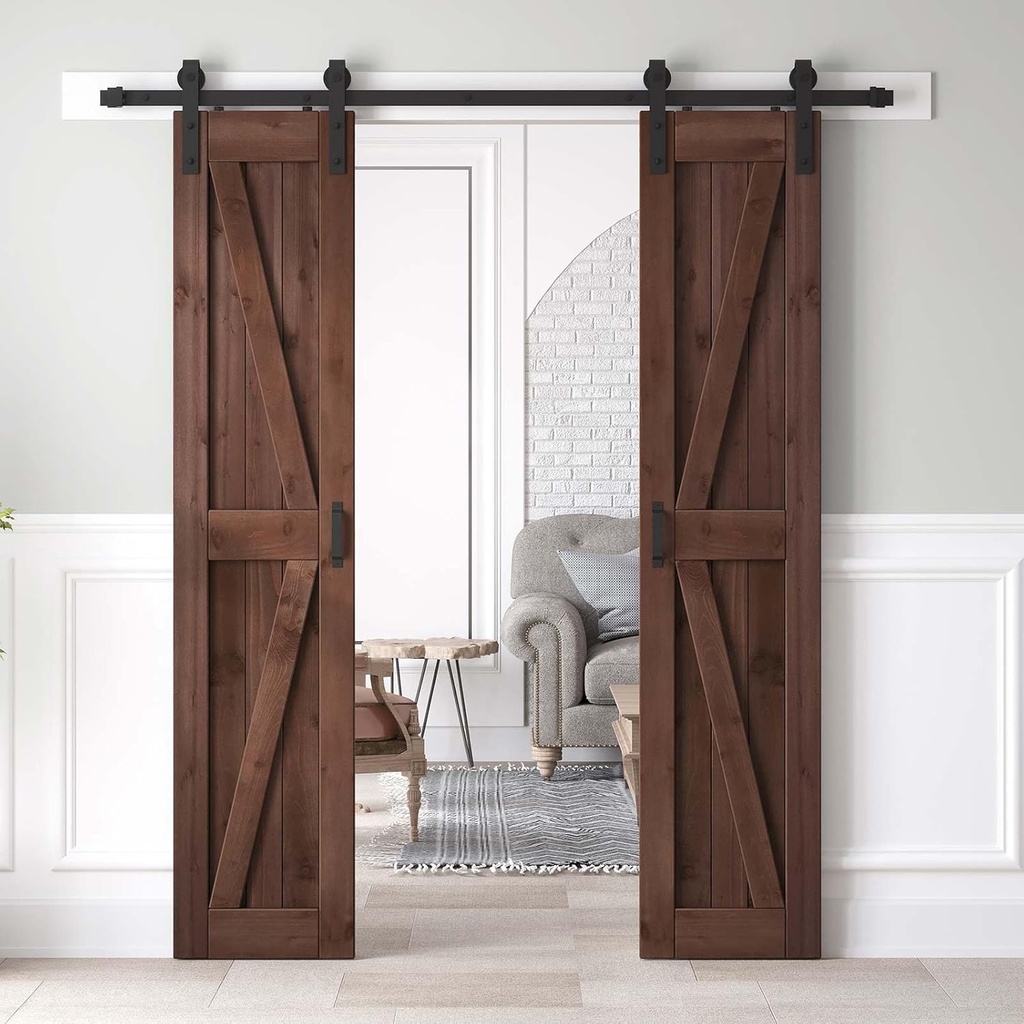 36x84 inch (Double 18×84 inch Door) Sliding Barn Wood Door Slab with 6.6ft Hardware Kit and Handle, Coffee, K Shape, Simple DIY Assembly