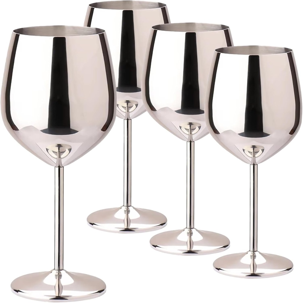 TJ Wine Glasses Stainless Steel Set of 4, Unbreakable Wine Glass 17oz, Wine Accessories Cool Wine Glass, Wine Goblets for Outdoor, Travel, House Warming, Valentines, Anniversary, Silver