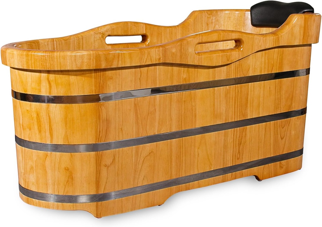 59” Freestanding Bathtub Wooden Soaking Tub Handcrafted Deep Soaking Bathtub with Wooden Handrails, Japanese Soaking Tub for Home Spa Relaxation, Freestanding Tub Wood Hot Tub STT15001