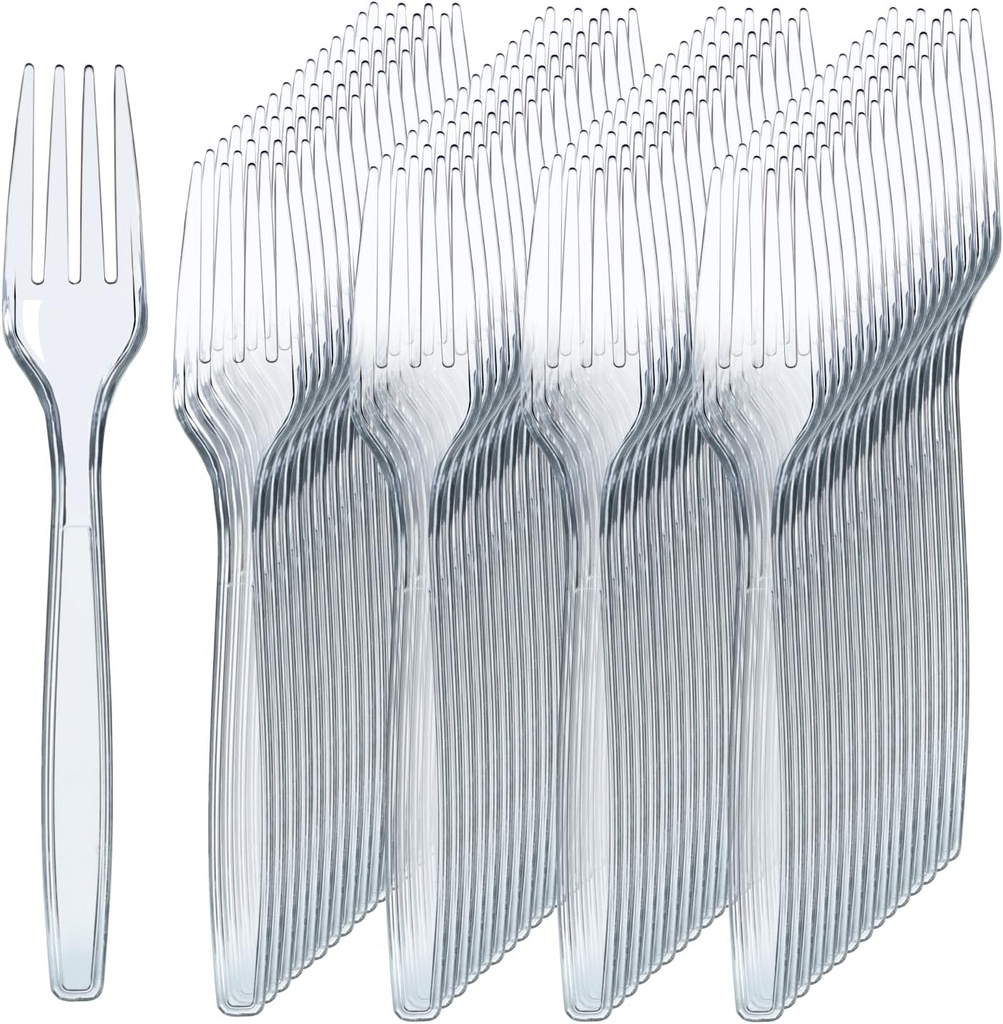 Prestee 300 Count Disposable Plastic Forks - Heavy Duty Silverware Bulk Set - Clear Plastic Utensils for Catering, Weddings, Parties, BBQ - Elegant and Sturdy Forks for Events and Buffets