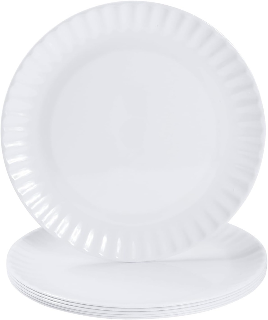 White Melamine Dinner Plates Set of 6, 10.5 Inch Lace Dish Set, Lightweight Plastic Round Plates, Scratch Resistant Kitchen Serving Dishes