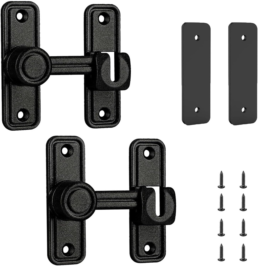 Barn Door Lock Latch with Spacer, 90 & 180 Degree Heavy Duty Sliding Door Hardware Locks and Latches Home Safety Gate Locks Fit for Garage, Garden, Bathroom, Cabinet(Black-2Pcs)