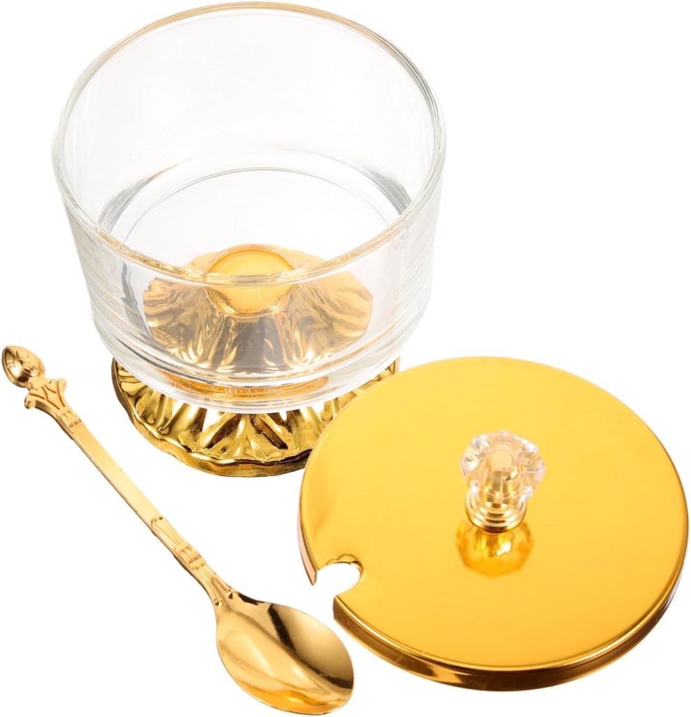 European Style Glass Canister with Spoon and Alloy Holder Salt Sugar Storage Container for Kitchen Countertop and Living Decor Refillable Glass Jar for Snacks and Condiments