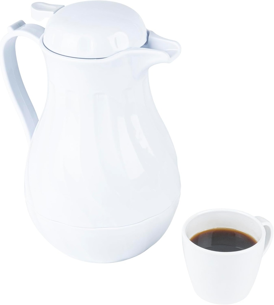Restaurantware-Restpresso 64 Ounce Coffee Carafe, 1 Insulated Coffee Server - Push-Button Top, Swirl Design, White Plastic Pitcher, Built-In Handle, With Identification Tags