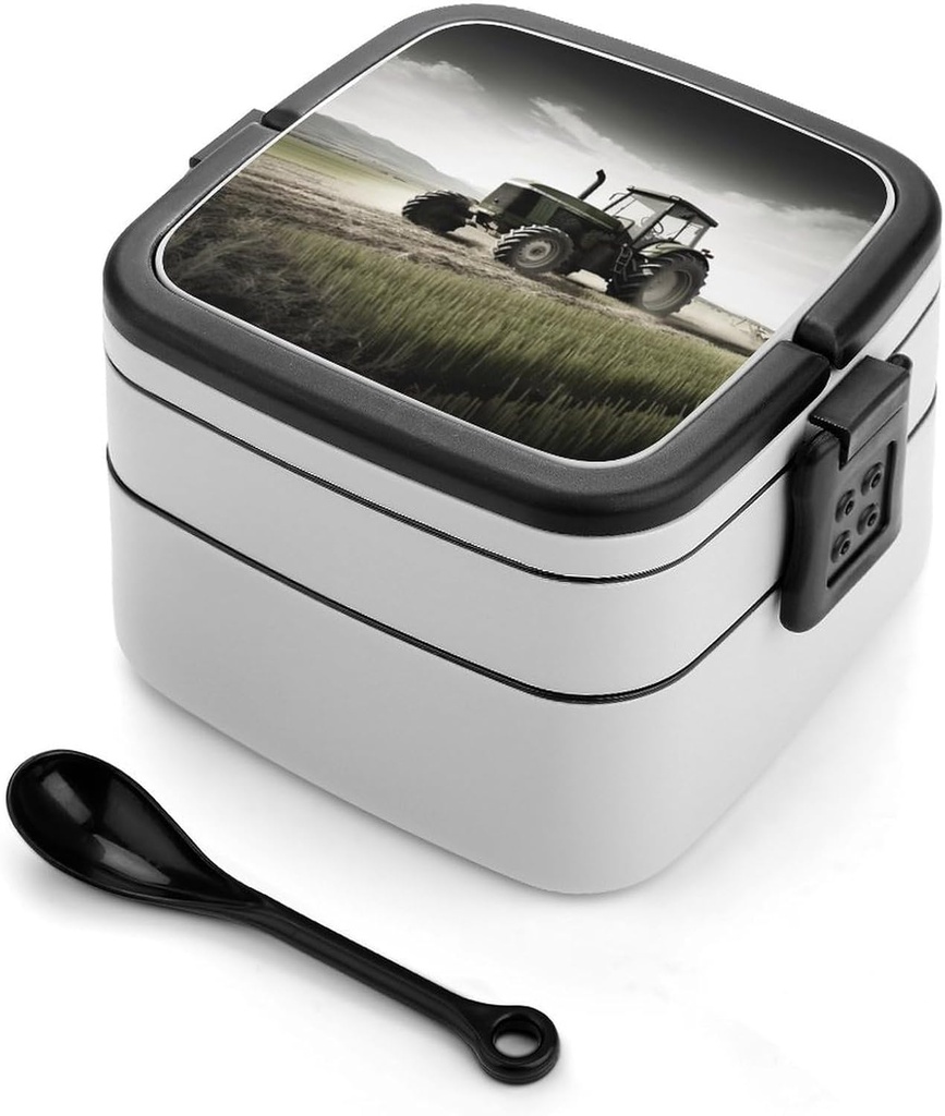 Tractor Agriculture Tranquil Bento Box Adult Lunch Box All-in-One Lunch Containers with Removable Compartments Double Layer Bento Lunch Box with Spoon And Handle Stackable Lunchbox