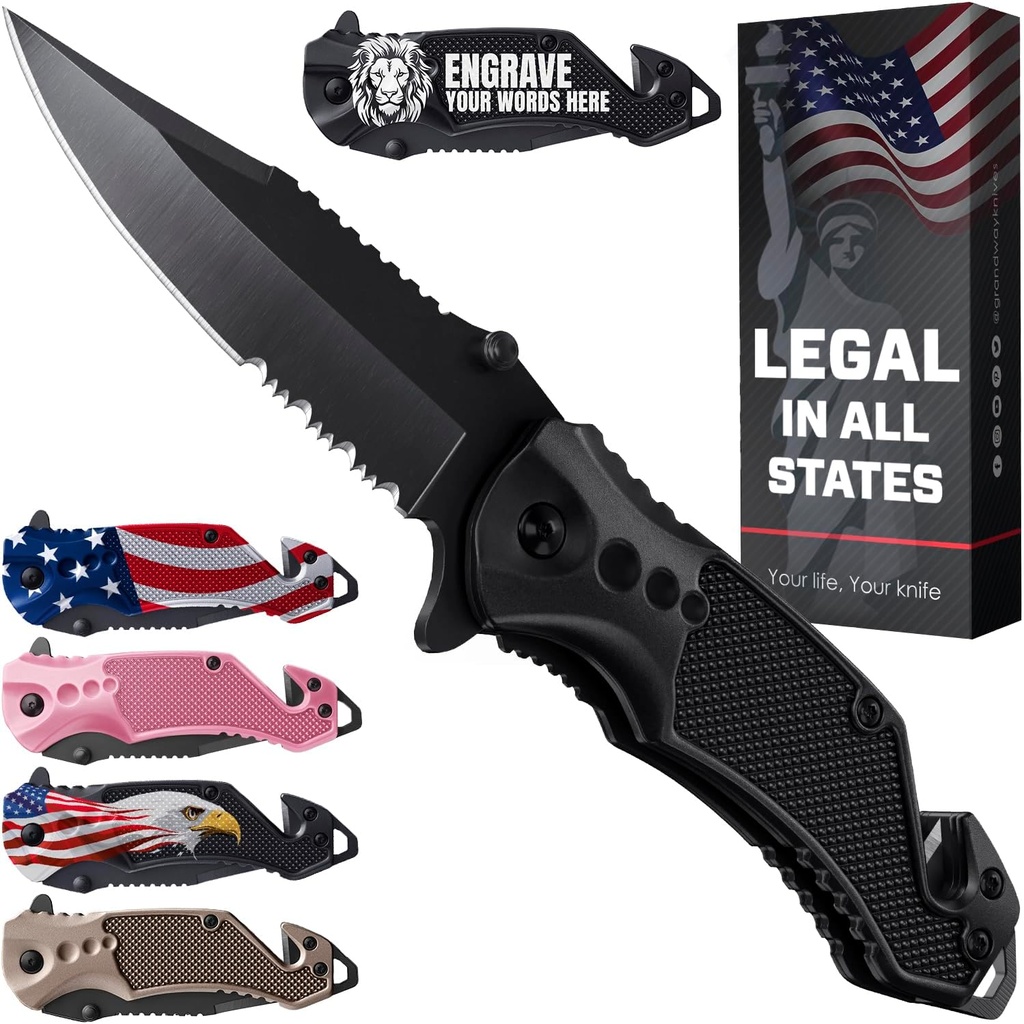 GOOD WORKER Legal Pocket Knife with 2.95” Serrated Blade, Glass Breaker, Seat Belt Cutter - EDC Sharp Folding Knives with Portable Clip - Small Tool for Tactical Camping Survival Hiking - Gifts for Men, Women