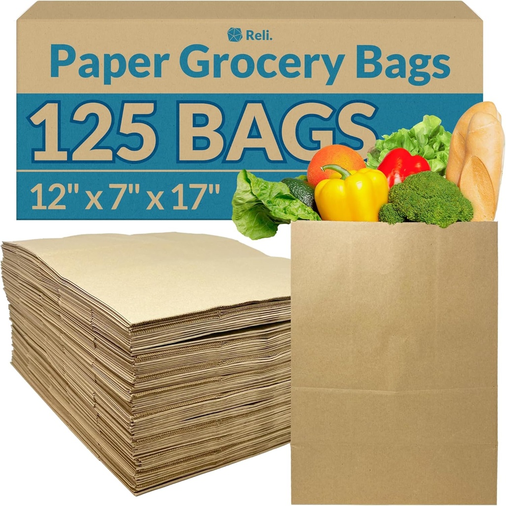 Reli. Paper Grocery Bags (125 Pcs Bulk) (12x7x17) 70 Lbs Basis, Extra Heavy Duty | Brown Paper Bag, Large Grocery Kraft Sacks -Takeout, Restaurant, Retail, Shopping