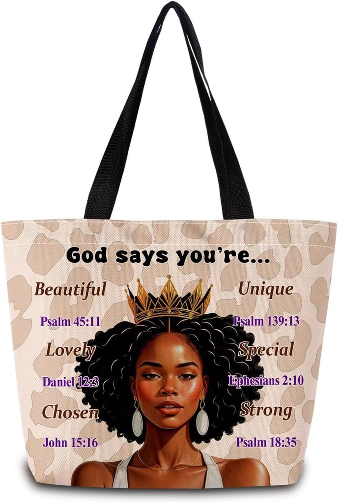 African American Tote Bag Reusable Grocery Bags Aesthetic Shopping Shoulder Handbag with Interior Zipper Pocket Stylish Inspired Bible Quotes Cheetah Queen Present for Women
