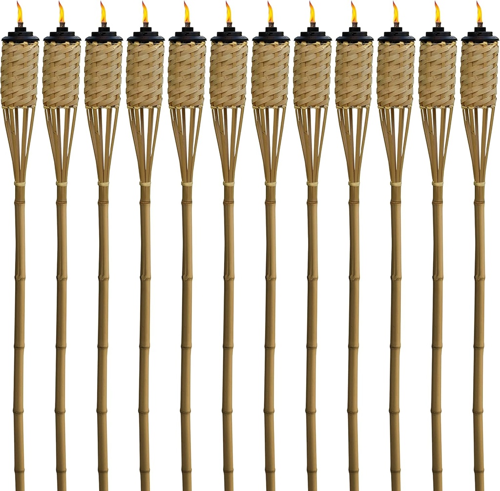TIKI Bamboo Tiki Torches 12-Pack – Weather-Resistant Outdoor Décor with Easy-Pour Wide-Mouth Canister Refill for Patio, Garden, Backyard, and Parties, 57-Inch Citronella Torches