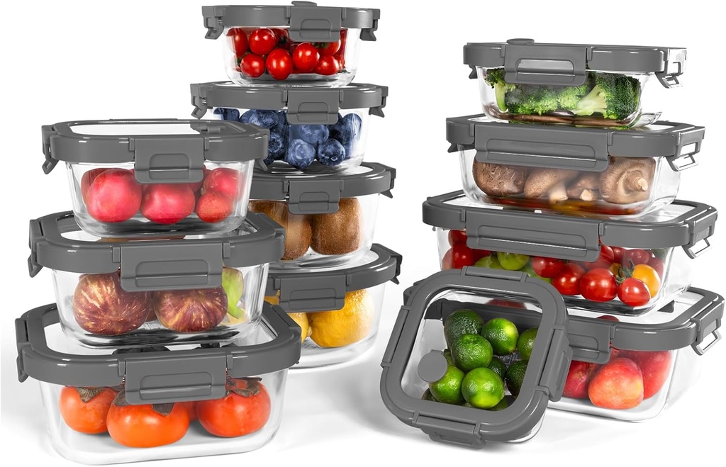 12-Pack Glass Containers with Tempered Lids – Borosilicate, Oven-Safe, Airtight, BPA-Free, Multi-Size for Meal Prep, Dishwasher Safe (Gray)