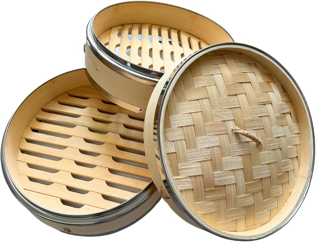 THY Collectibles 2-Tier Bamboo Steamer Basket Set with Stainless Steel Banding – Perfect for Dim Sum, Dumplings, Buns, Seafood & Rice – Ideal for Asian Cooking (Natural, 7-Inch)