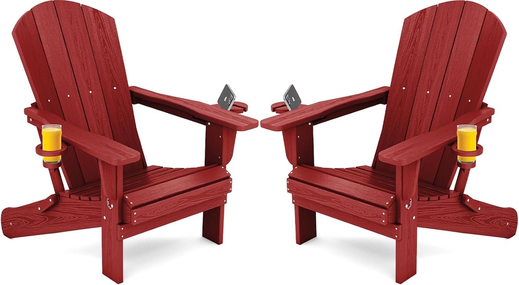SERWALL Adirondack Chair with Cup Holders - Composite Adirondack Chairs Set of 2 HDPE Outdoor Chairs All Weather Use- Dark Red