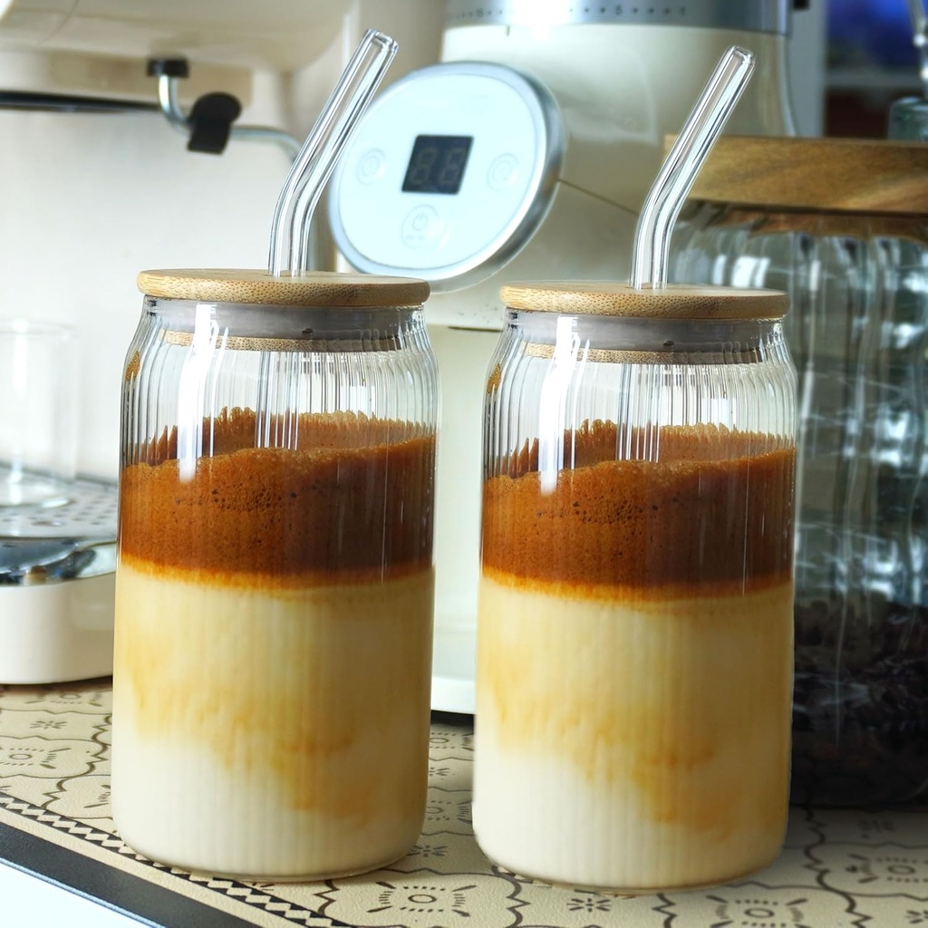 Glass Cups with Lids And Straws 12 oz Iced Coffee Glass Cups Fluted Can Shape Beer Glasses Drinking Glass Cup with Bamboo Lid Birthday Gifts (2 Sets)