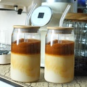 Glass Cups with Lids And Straws 12 oz Iced Coffee Glass Cups Fluted Can Shape Beer Glasses Drinking Glass Cup with Bamboo Lid Birthday Gifts (2 Sets)