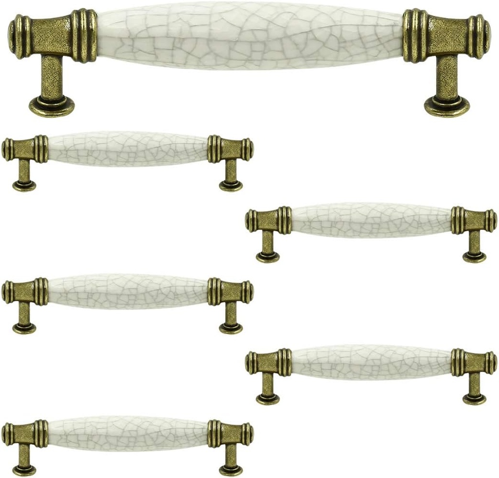 LC LICTOP 152mm/5.98" Antique Brass Ceramic Drawer Handles – 128mm/5.04" Hole Center Vintage Dresser Pulls, Off White Cracking Pattern Cabinet Knobs for Kitchen Cupboard with Mounting Screws, 6Pcs