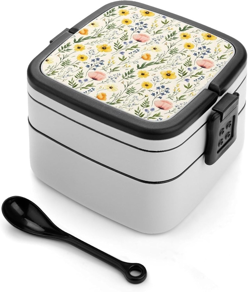 Pink Yellow Flower Print Bento Box, Cute Lunch Box Containers for Adults Women Men, Small Salad Container for Lunch, Reusable Double Lunchable Stackable