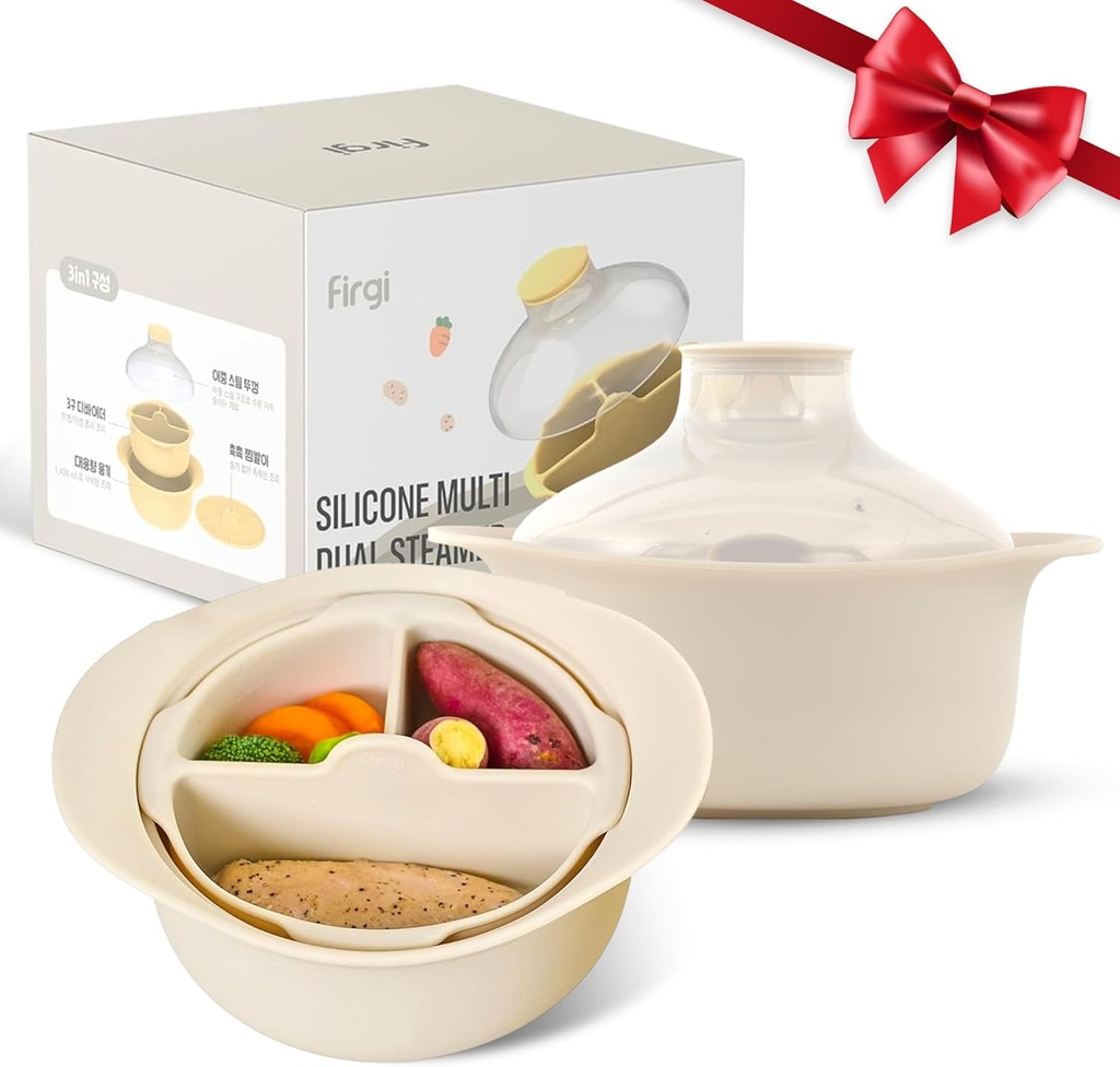 48oz Platinum Silicone 3 Compartmented Microwave Steamer Pot with Handle & Lid - Korean 100% Food-Grade Steamer Bowl, Heat-Resistant Cooker with Steam Holes, Easy Clean, Dishwasher Safe, Ivory