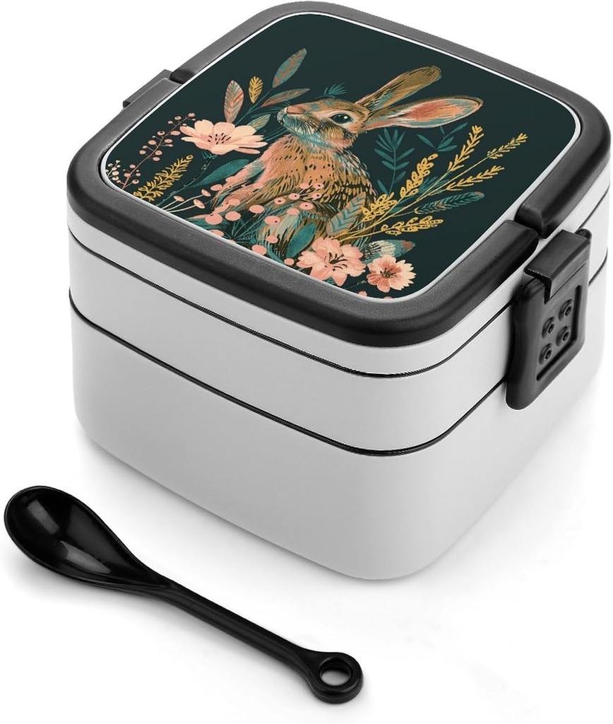 Stackable Double-Layer Bento Box Grass And Rabbit Adults Lunchbox With Spoon Cute Japanese Bento Box Dishwasher Safe for Work Travel Dining Outc