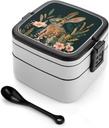 Stackable Double-Layer Bento Box Grass And Rabbit Adults Lunchbox With Spoon Cute Japanese Bento Box Dishwasher Safe for Work Travel Dining Outc