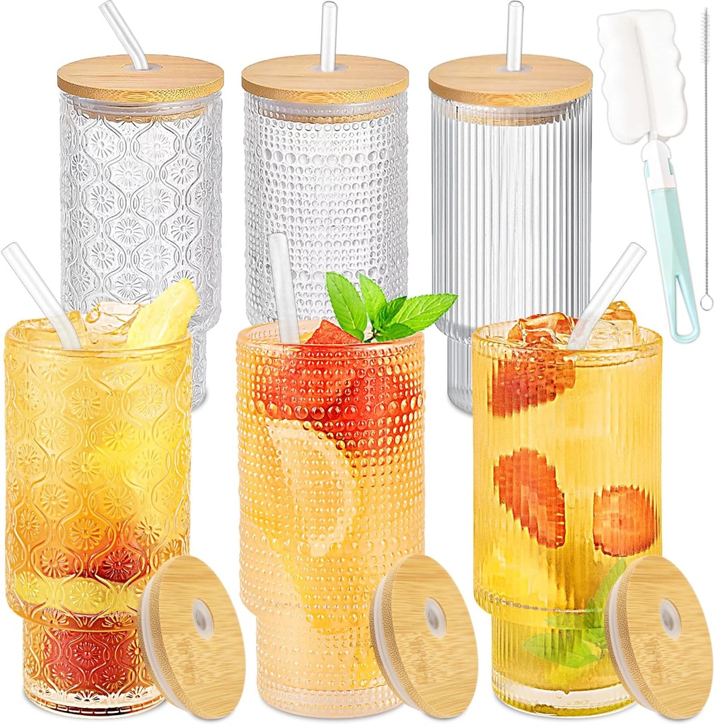 Gusnilo 6 Pcs Set 11oz Glass Cups Drinking Glasses with Bamboo Lids and Straws,Stackable Glasses，Hobnail Drinking Glasses,Embossed Drinking Glass Cup for Coffee, Tea,Vintage Juice Cup(Clear (6Pcs))