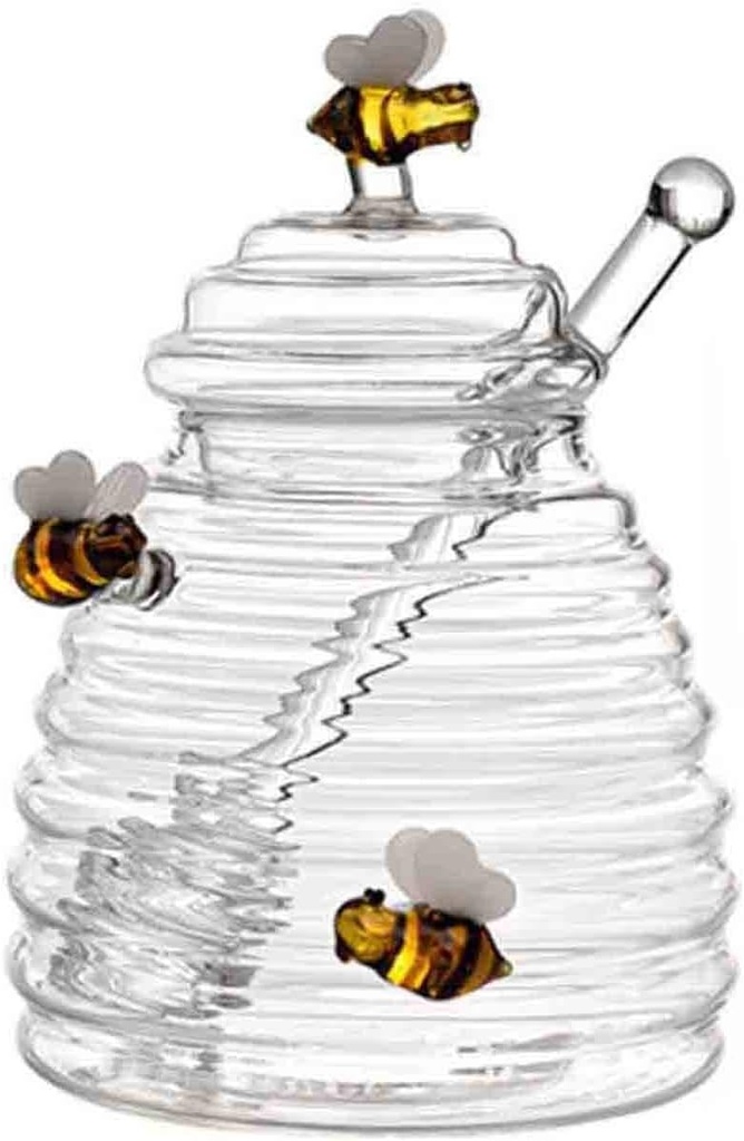 Honey Dish Honey Jar and Dipper Set Large Glass Honey Pot Storage Beautiful Honey Pot with Lid and Inscribed Wooden Honey Dippers Kitchen Store Honey and Syrup