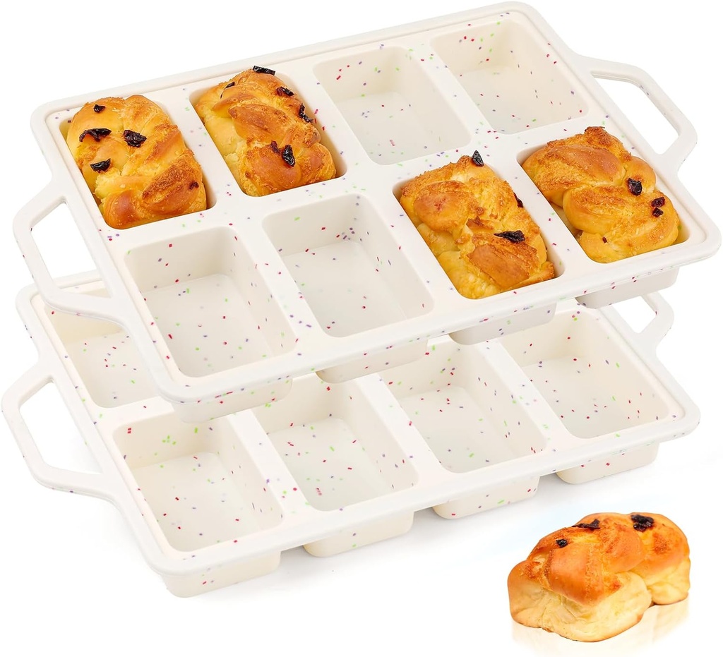Vinino Silicone Mini Loaf Pans with Metal Reinforced Frame-2 Pack, Non-stick Silicone Bread Pan for Baking 8-Cavity, Tiny Banana Bread Set, Dishwasher Safe Brownie Pan-Cream
