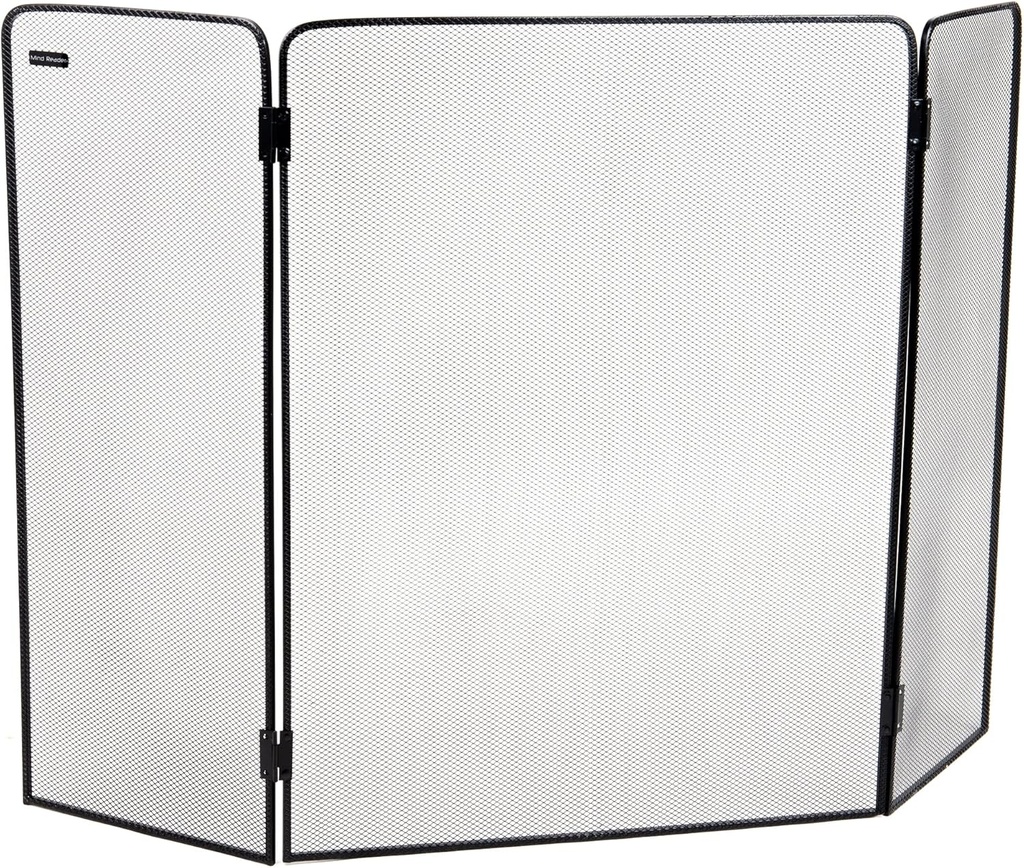 Mind Reader 3-Panel Fireplace Screen, Folding, Indoor Outdoor, Stand Alone, Metal Mesh, 26.25"L x 0.25"W x 24"H, Black