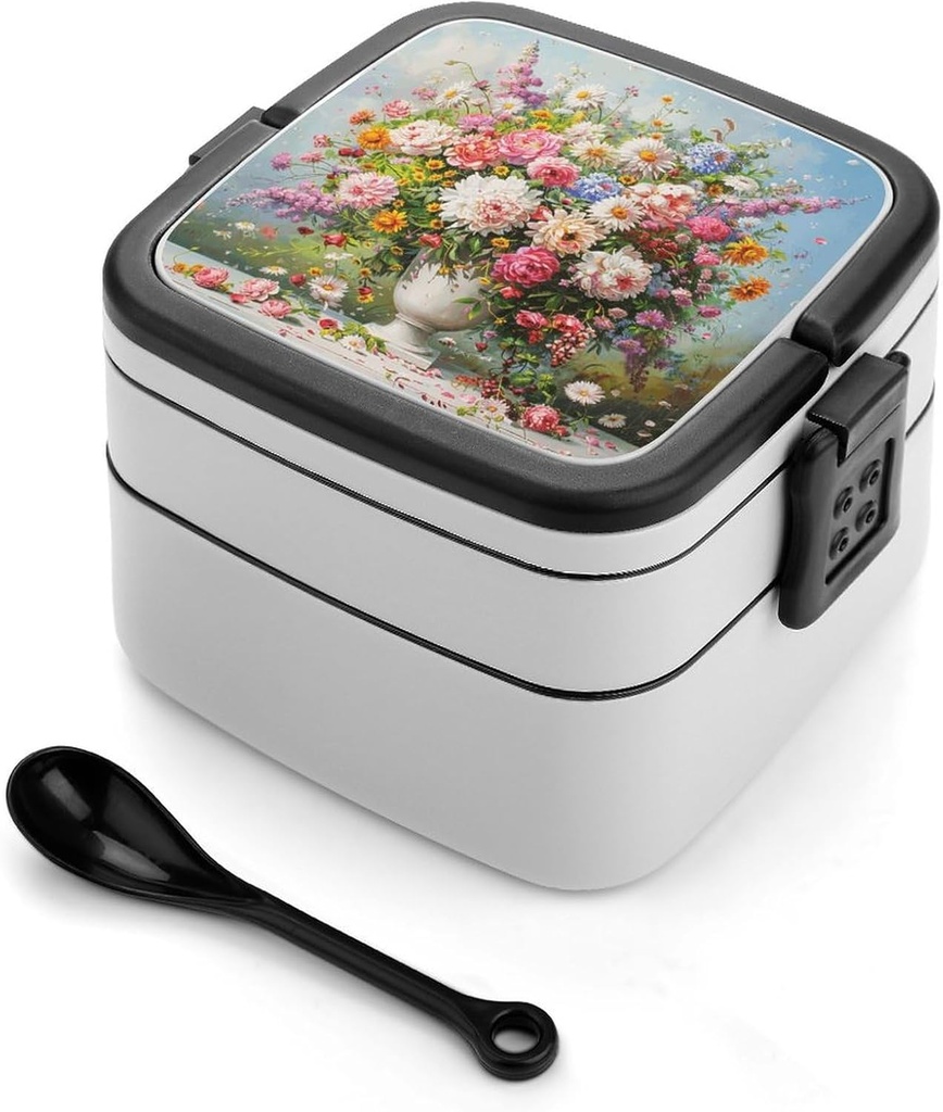 All-in-One Bento Box Stackable Leak-Proof Lunch Box With Carry Handle 2 Layer Portable Meal Prep Container A White Vase Lunchbox with Utensils for Dining Out Work