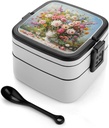 All-in-One Bento Box Stackable Leak-Proof Lunch Box With Carry Handle 2 Layer Portable Meal Prep Container A White Vase Lunchbox with Utensils for Dining Out Work