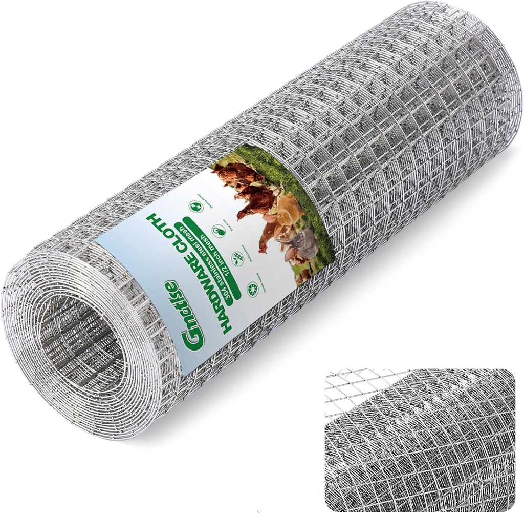 Hardware Cloth 1/2 inch 20 Gauge Small Size 304 Stainless Steel mesh Chicken Welded Wire Fencing Wire Mesh Roll Fencing Garden Fence Squirrel Tunnel Network 12in×12ft