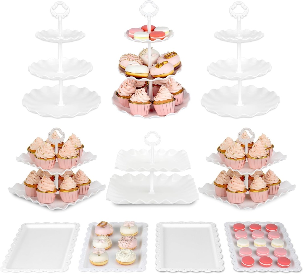 Pack of 10 NWK Cake Stand Set with 3 x Two-Tier and 3 x Three-Tier Cupcake Stands, 4 x Appetizer Trays, for Birthday Baby Bridal Shower Party (White)