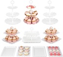 Pack of 10 NWK Cake Stand Set with 3 x Two-Tier and 3 x Three-Tier Cupcake Stands, 4 x Appetizer Trays, for Birthday Baby Bridal Shower Party (White)