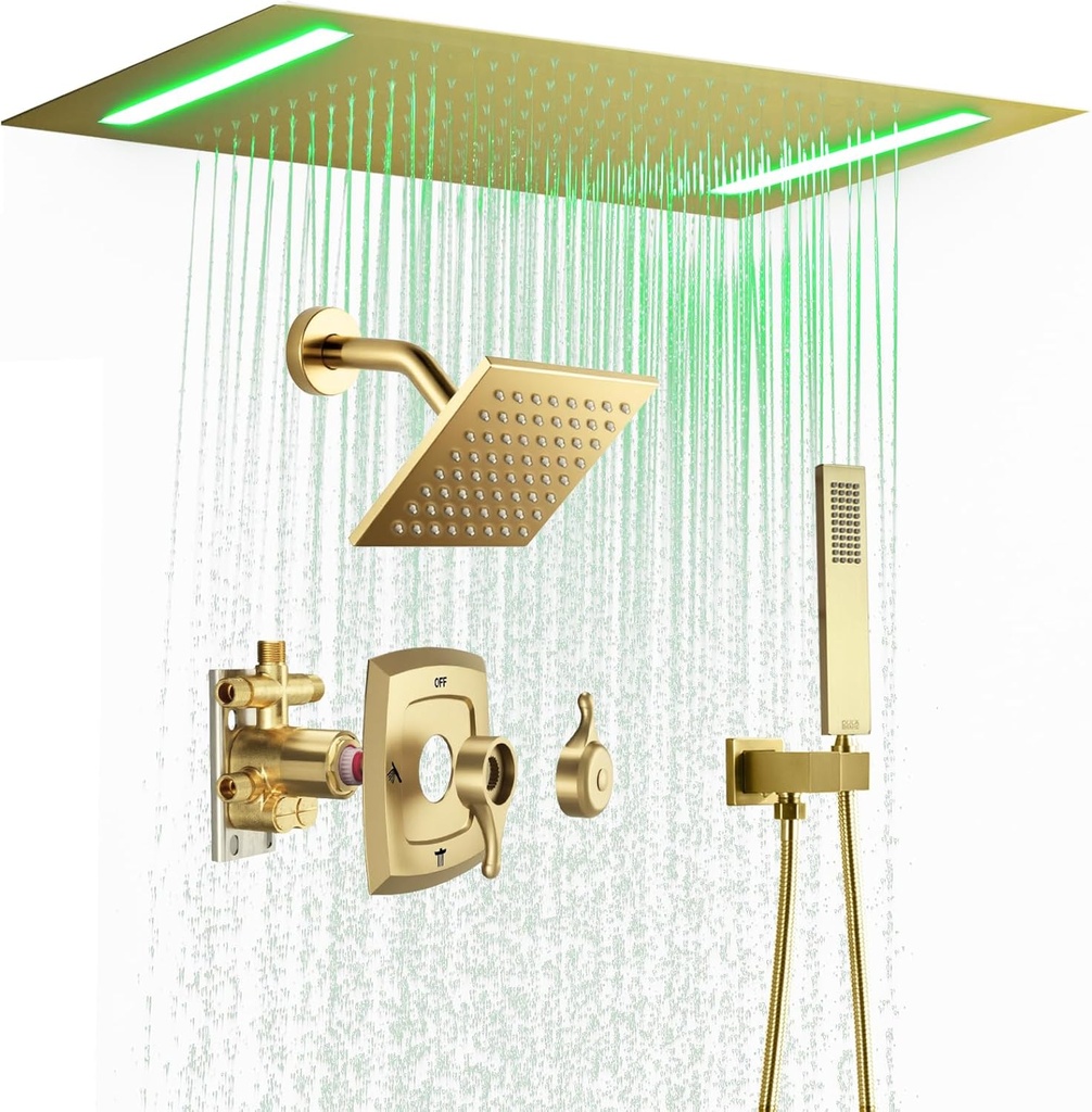 Shower System Three Modes Shower Faucet Set with Brass Handheld,Ceiling Mount 14X20 Inch LED Rain Shower Head (Brushed Gold, With 8 Inch Head)