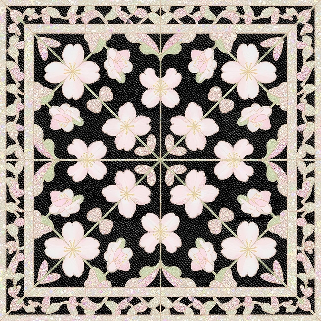 10PCS 12x12 Inch Soft Pink Cherry Blossom Flower Design on Black Floor Tiles Peel and Stick Removable Self Adhesive DIY Vinyl Flooring Stickers for Kitchen Bathroom Living Room Home Decor