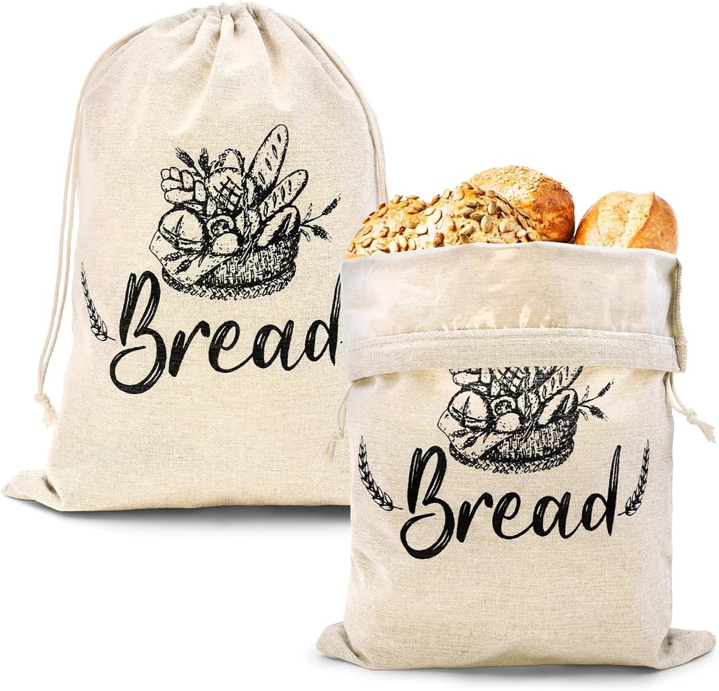2 Pack Reusable Linen Bread Bags with Plastic Lining - 15"x12" - White, Brown - Drawstring Closure - Freshness Preservation - 5 Pound Capacity - 2 Count