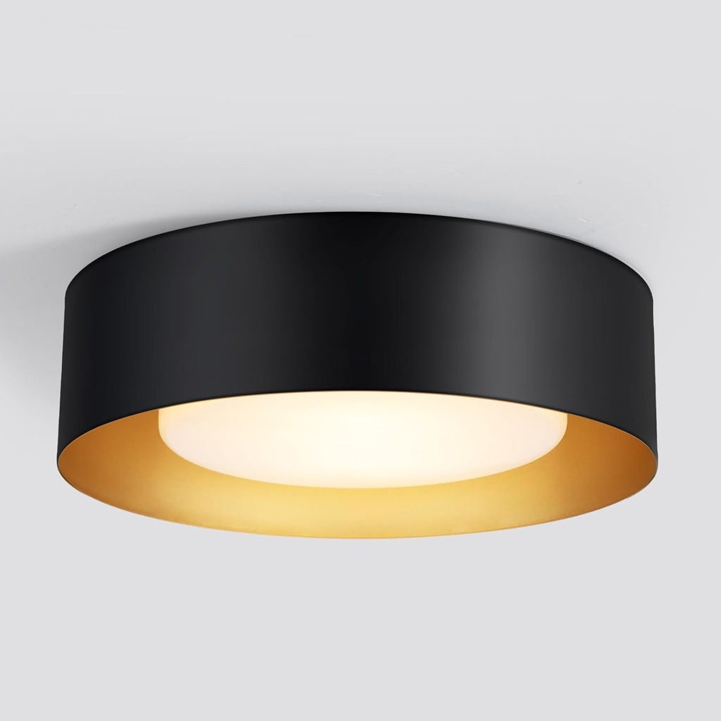 Vikaey Modern Mid Century Flush Mount Ceiling Light, 2-Light Minimalist Round Light Fixture, Black and Gold Drum Ceiling Lamp with Glass Lampshade for Bedroom, Hallway, Kitchen, 12.5in