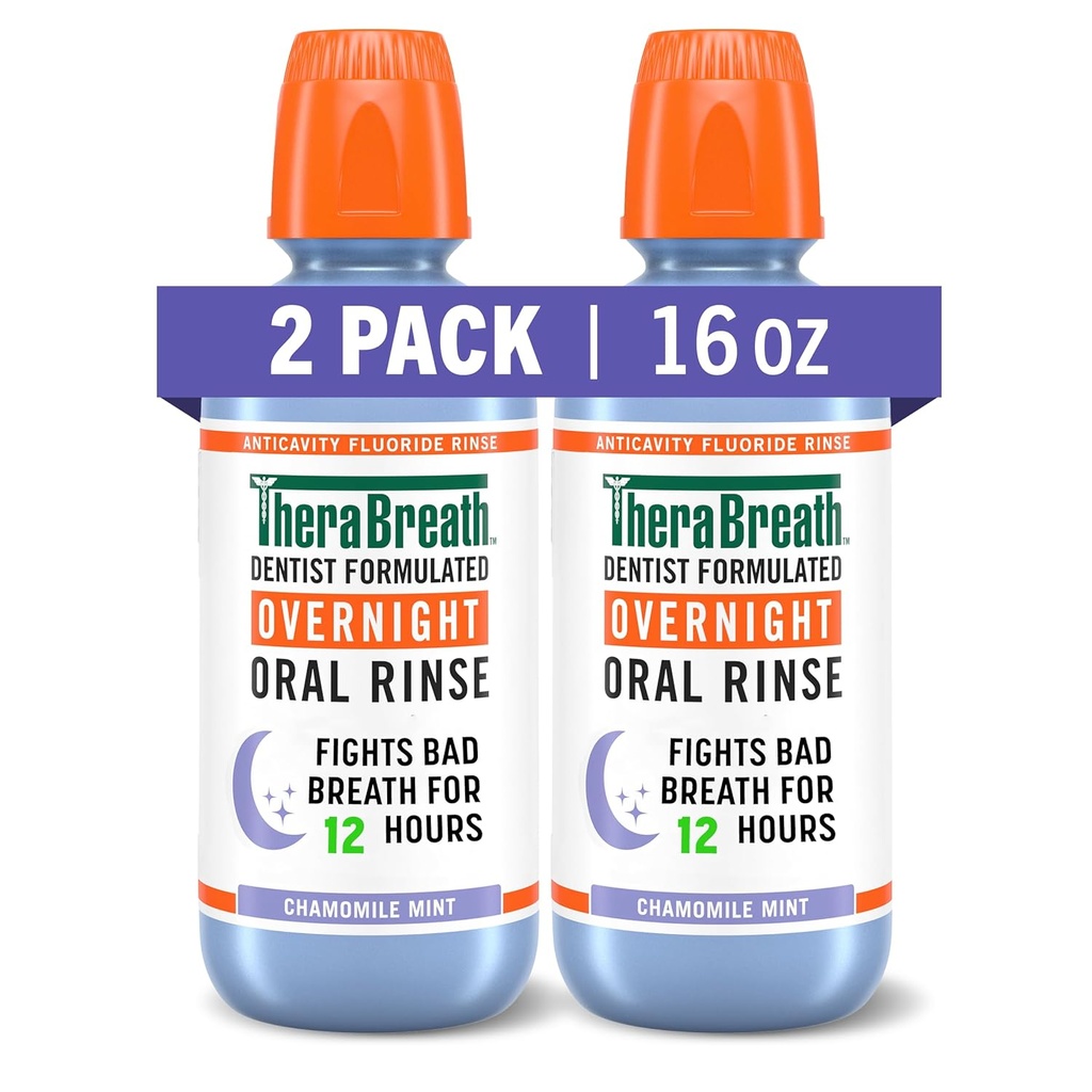 TheraBreath Overnight Mouthwash, Fights Bad Breath for 12 Hours, Chamomile Mint Flavor, Dentist Formulated, Fluoride Rinse, Alcohol Free, 16 fl oz (Pack of 2)