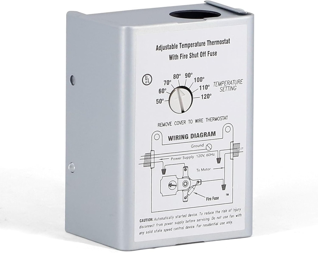 Attic Fan Thermostat Control with Built-in Fire Safety Shut Off, Adjustable Temperature Controller 120 Volt Thermostat Replacement for Power Attic Ventilators and Exhaust Fan